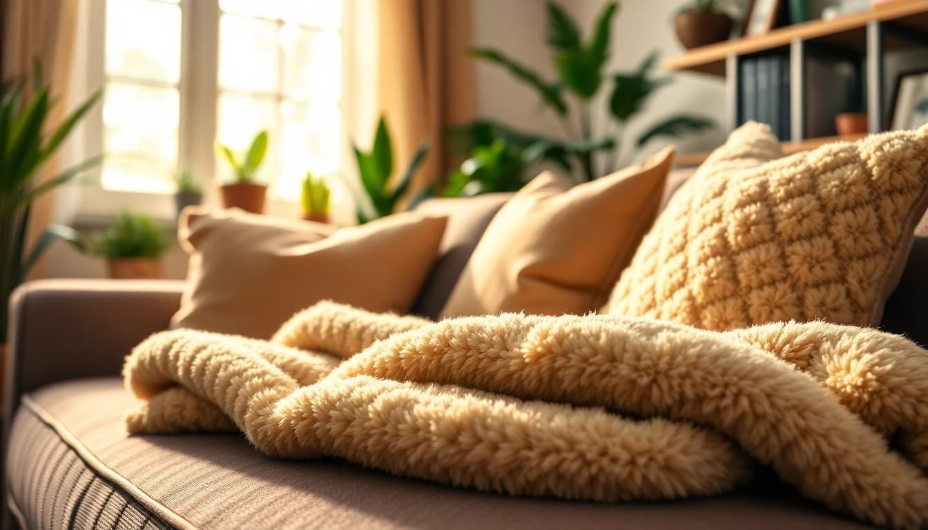 Fleece stof in een gezellige woonkamer, mooi opgemaakt met warme kleuren.