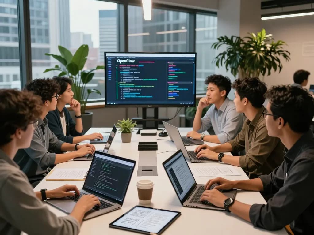 Developers using OpenClaw in a collaborative tech workspace showcasing productivity and innovation.