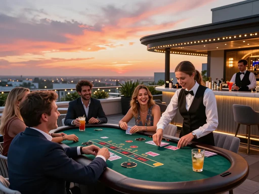Attendees at c168 blackjack table enjoying summer evening drinks and elegant gambling atmosphere.