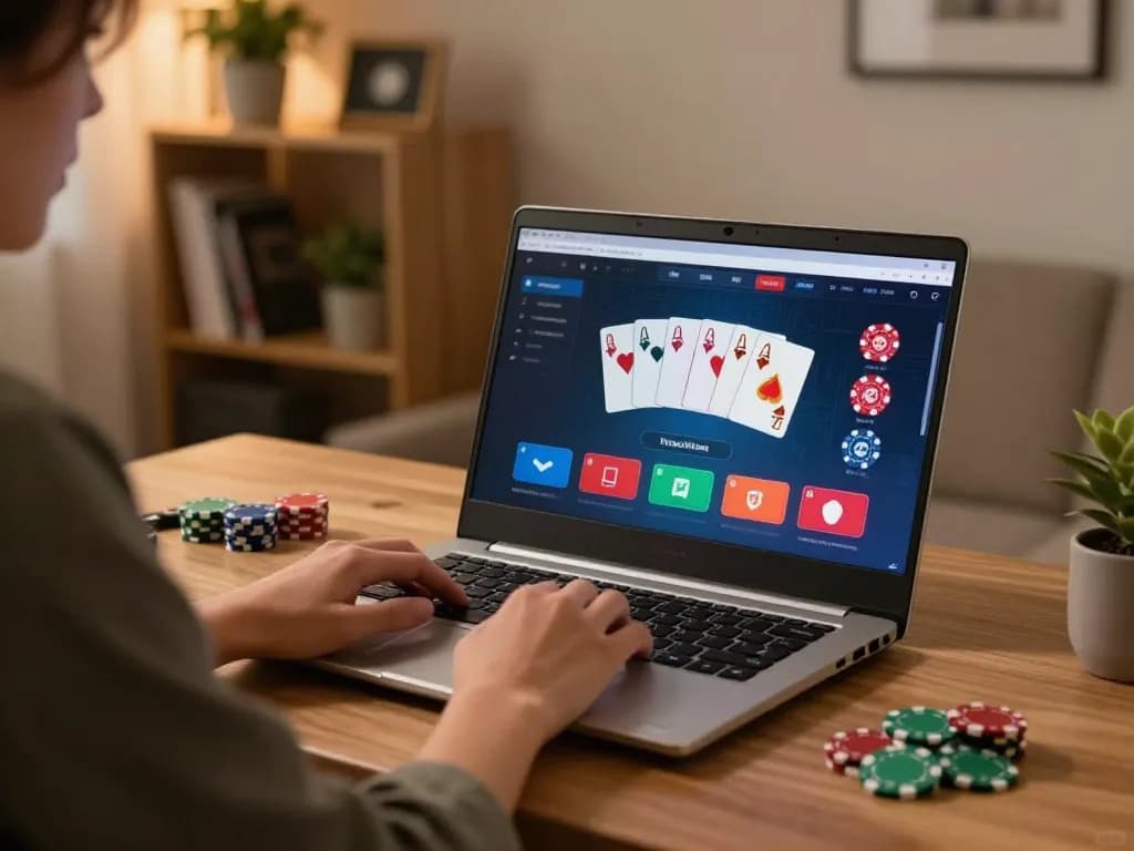 SHBET player enjoying online poker game with colorful graphics in a stylish home setup.