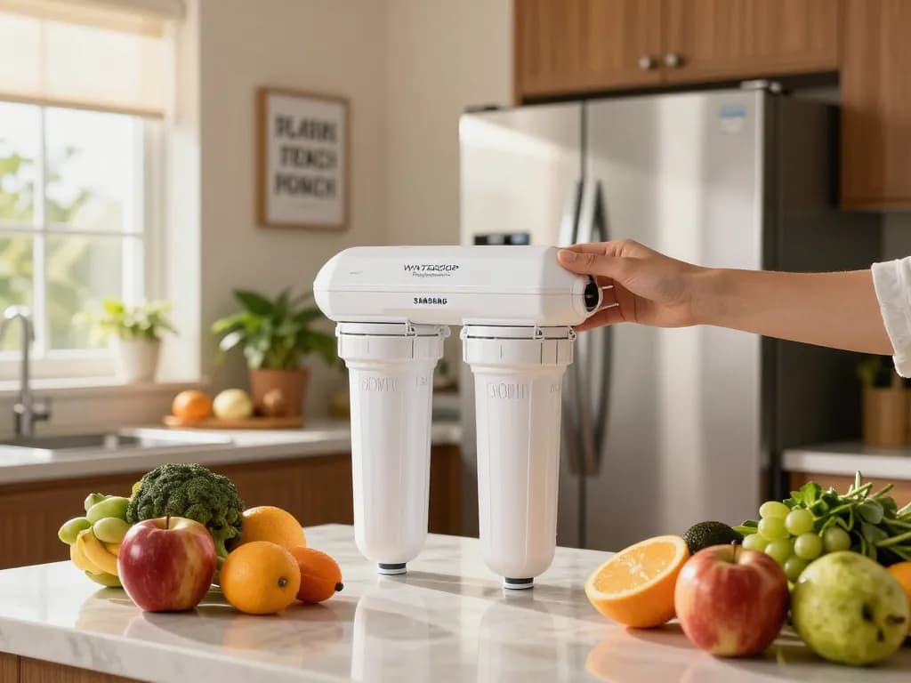 Replacing the Waterdrop Replacement for Samsung® DA29-00003G filter in a bright kitchen filled with fresh produce.