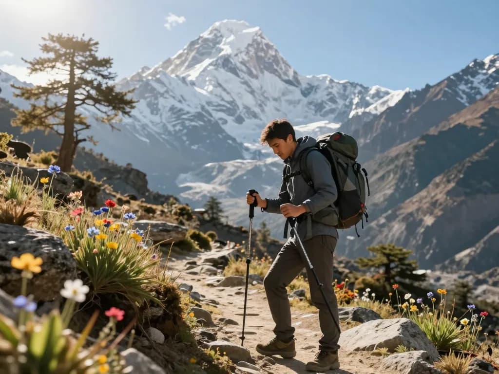 Trek to Annapurna Circuit preparation scene with traveler adjusting gear against stunning mountain backdrop.