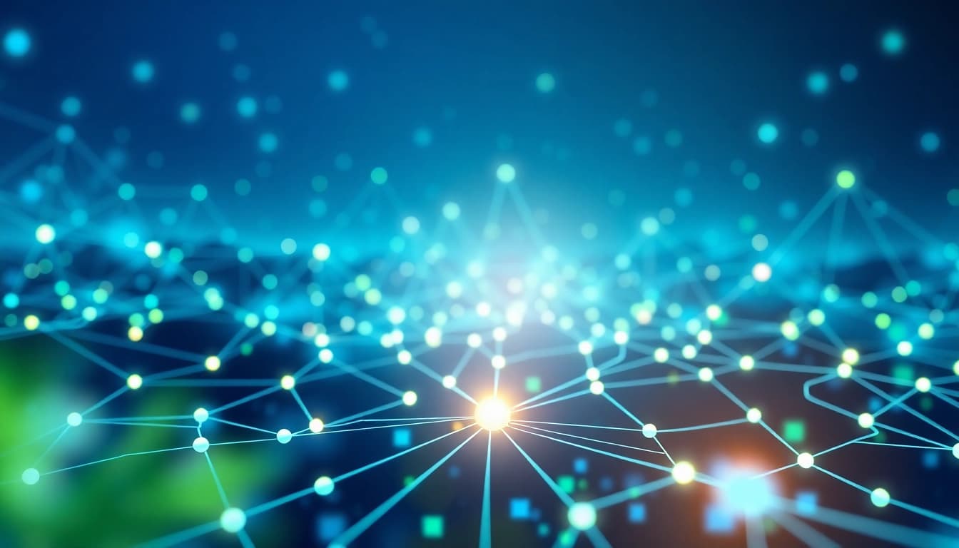 EORMC blockchain development visualization featuring interconnected digital nodes and glowing central node.
