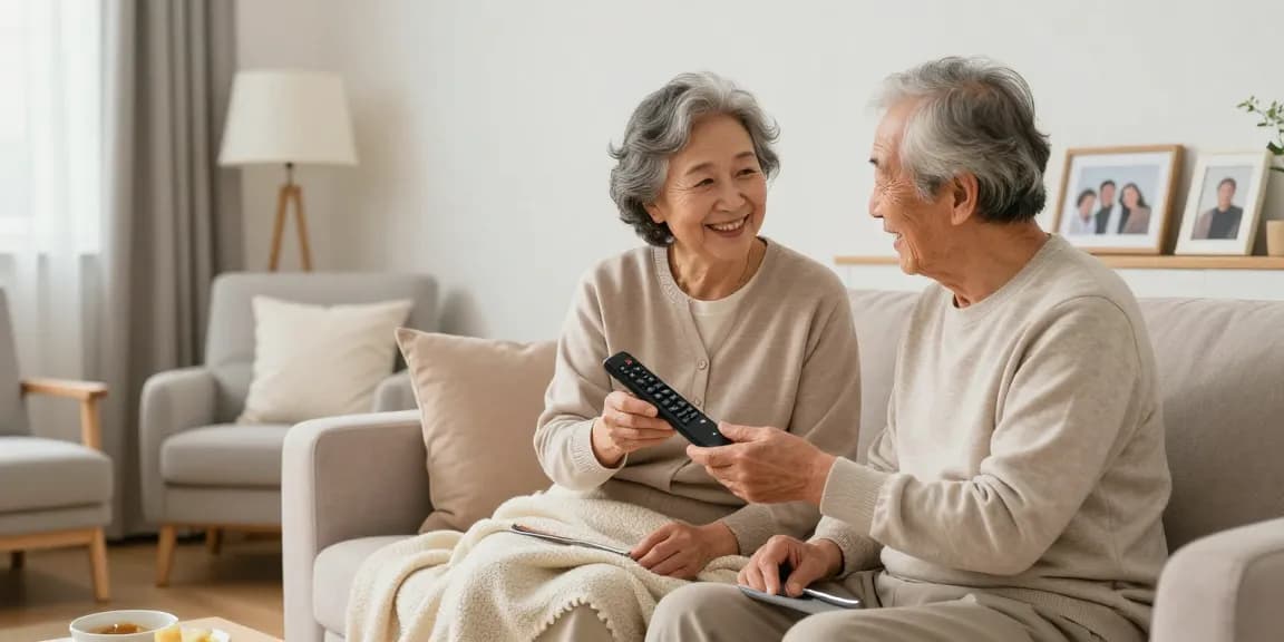 Senior couple using 銀髮族用品 in a cozy living room for enhanced comfort.