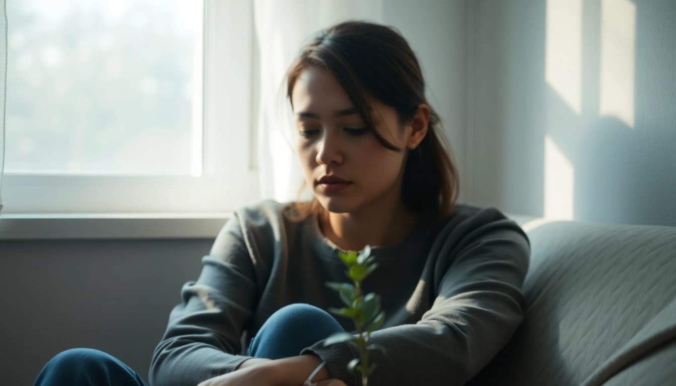 Individual showcasing evident depression symptoms in a serene, softly lit environment.