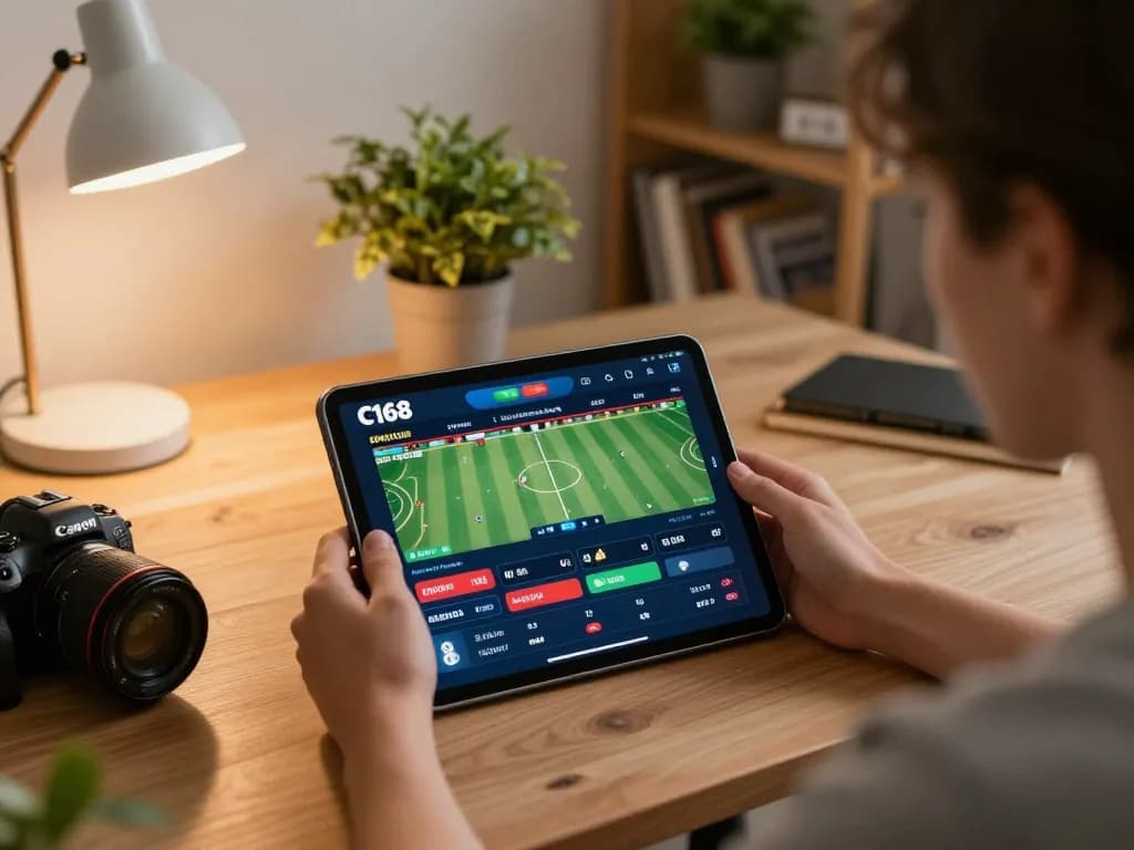 C168 app showcased on tablet during dynamic sports betting session at home.