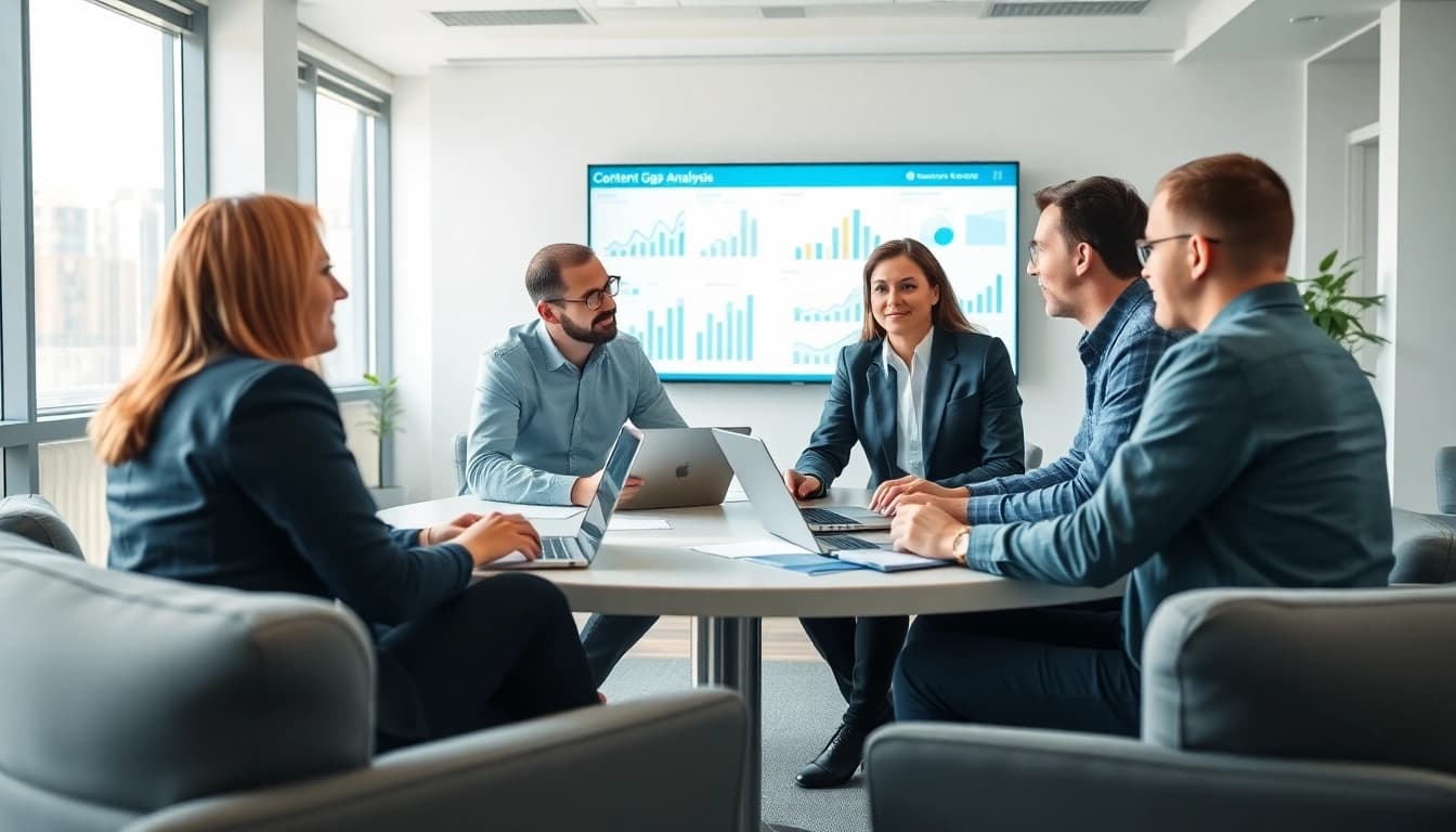 Team conducting a Content Gap Analysis in a modern office setting with digital data.