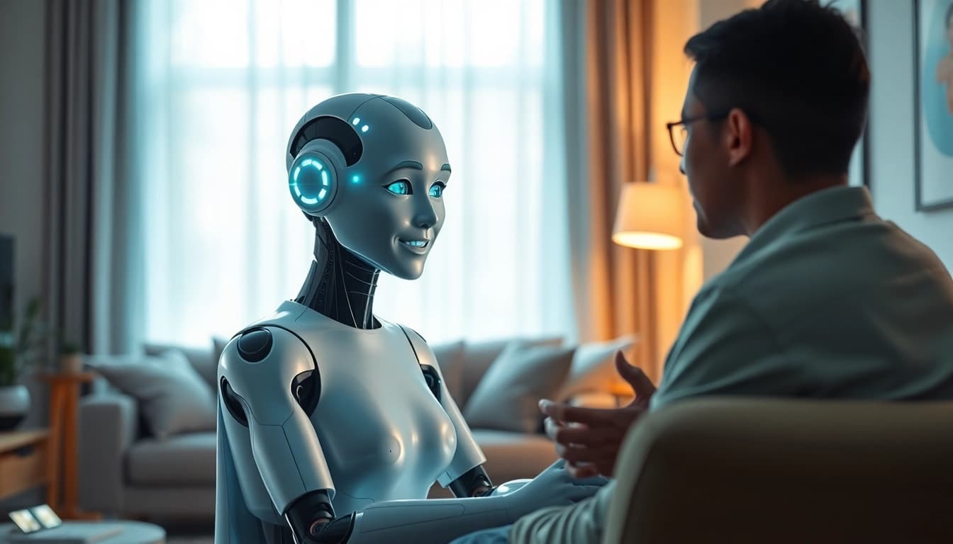 Engaging AI sex chatbot in a cozy, high-tech living space, symbolizing future intimacy.
