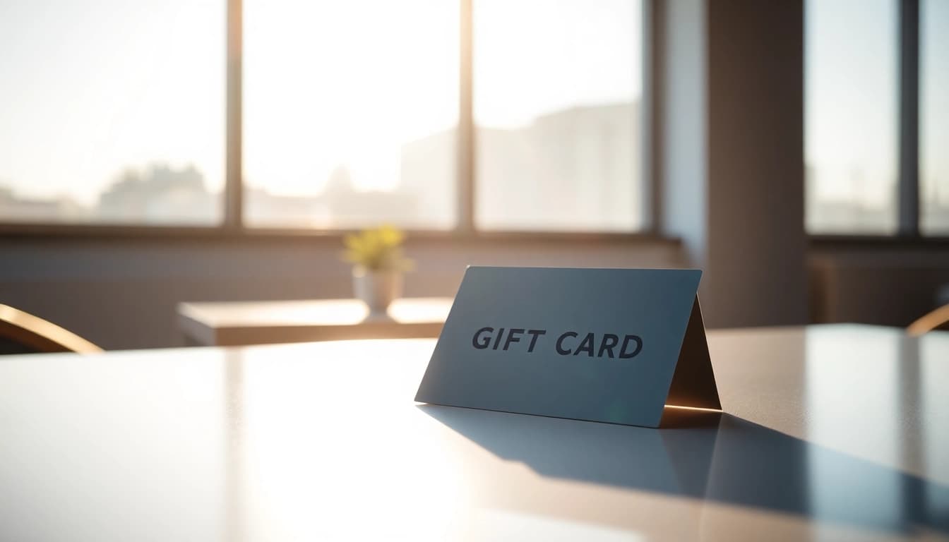 Present a window tint gift card in an elegant setting with natural lighting and soft shadows.