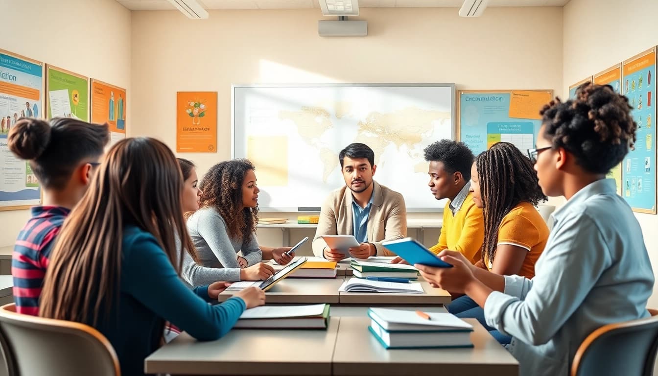 Education reform scene with diverse students engaged in interactive learning activities.