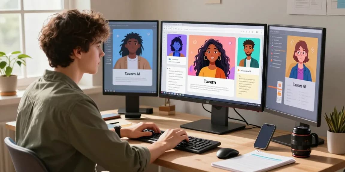Engaging user experience with Tavern AI featuring vibrant character designs and a creative workspace.