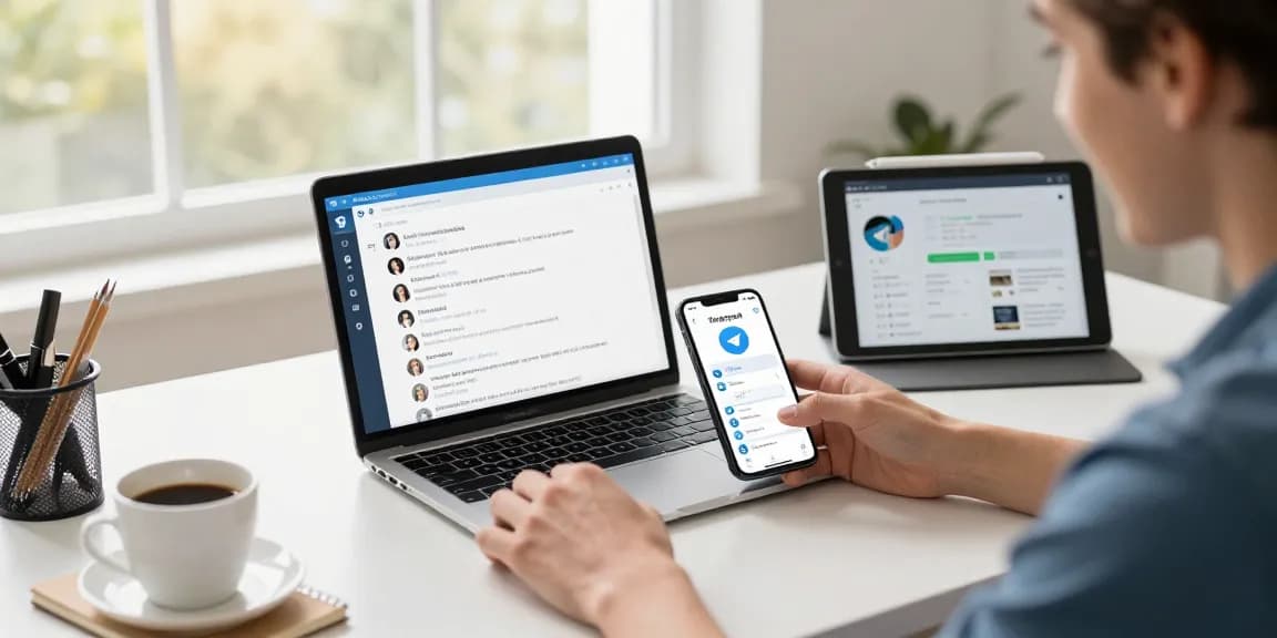Engaging with telegram中文版 on multiple devices in a modern workspace.