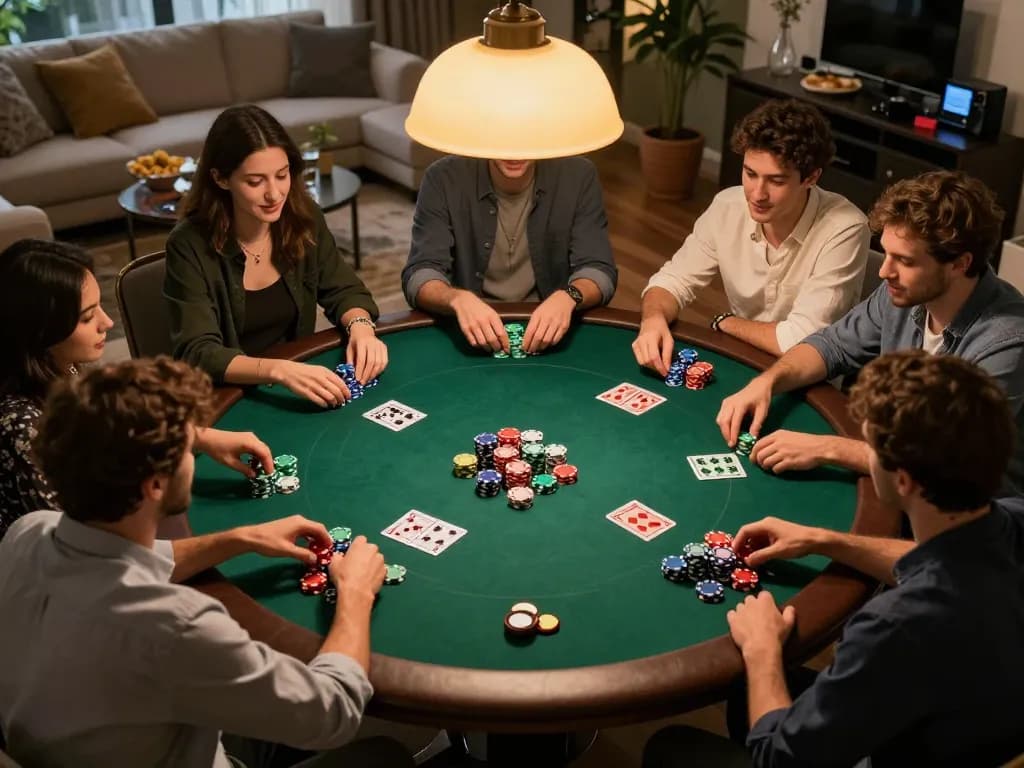 Friends engaging in an exciting home poker game with 388bet chips and cards in play, showcasing social gambling dynamics.