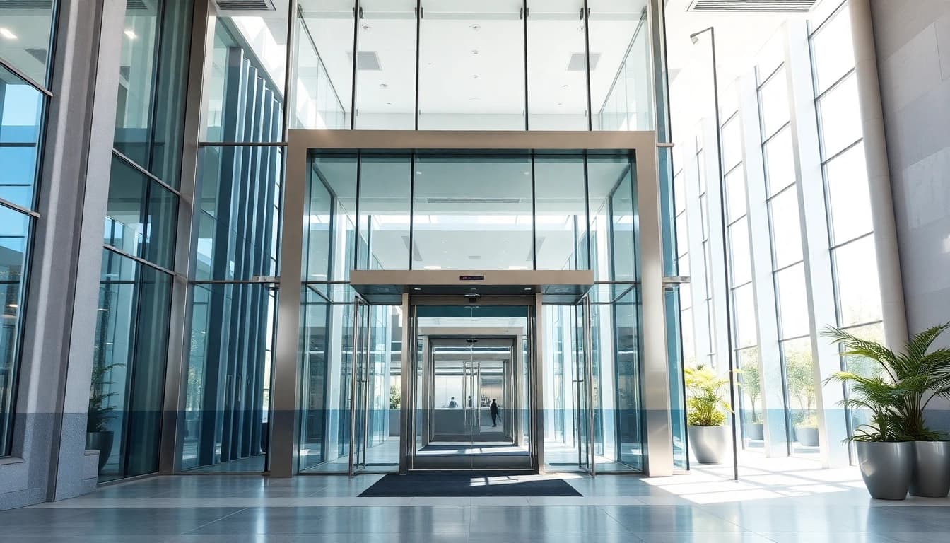 View of Evolution Entrance Systems showcasing a modern, automated entrance design in a sleek setting.