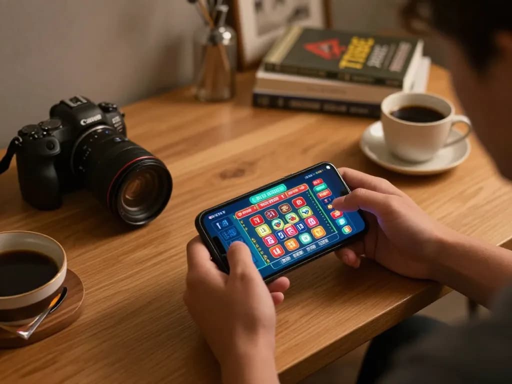 Engaging in online gaming through the TT88 trang chủ app on a stylish smartphone at home