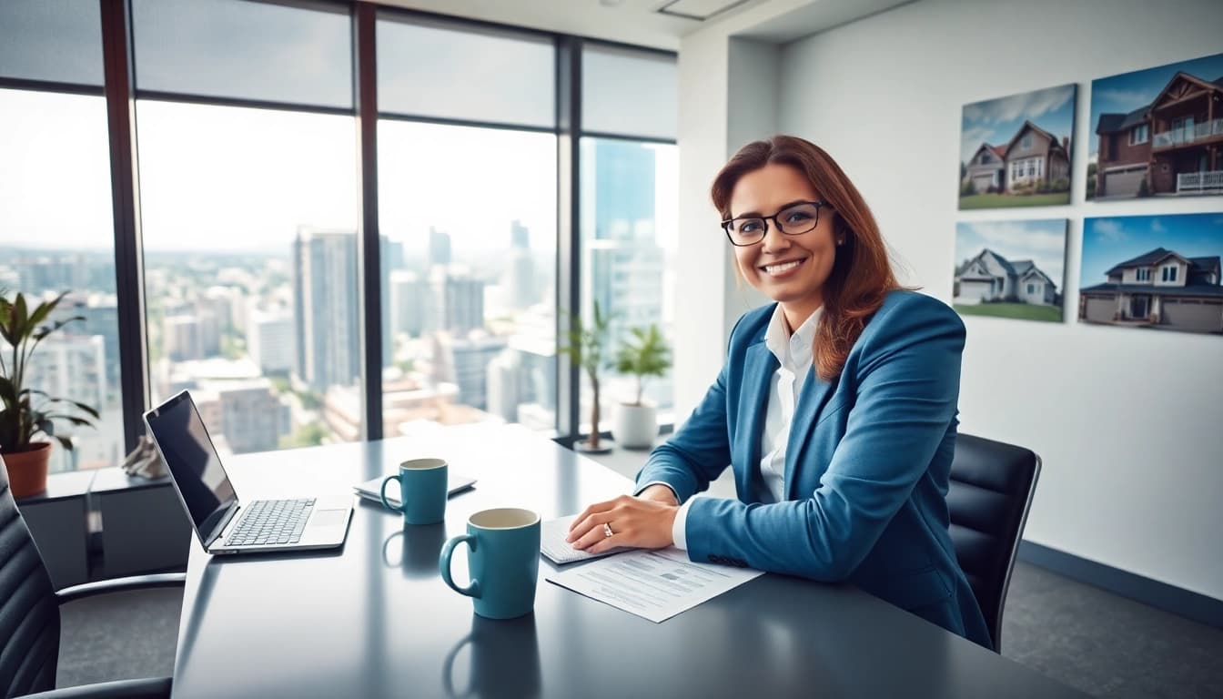 Real Estate agent presenting property listings in a modern office setting.