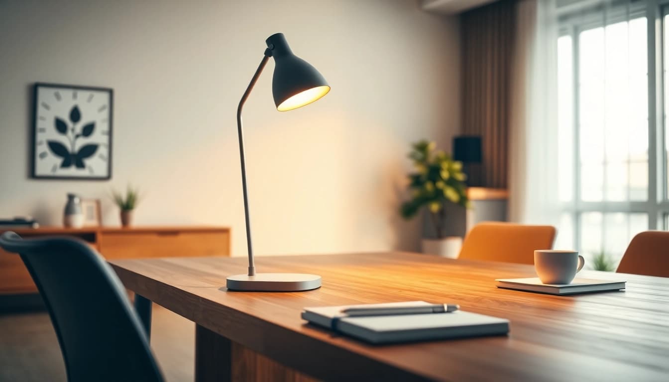 Showcasing ELC Lamps Online with a sleek design and warm lighting in a modern office.
