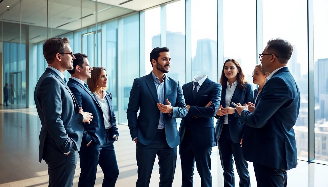 Engaged business leaders sharing founder leadership insights in a modern office.