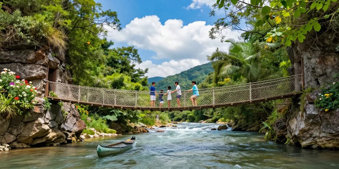 Family crossing a river rope bridge amidst lush greenery, fostering adventure and connection.