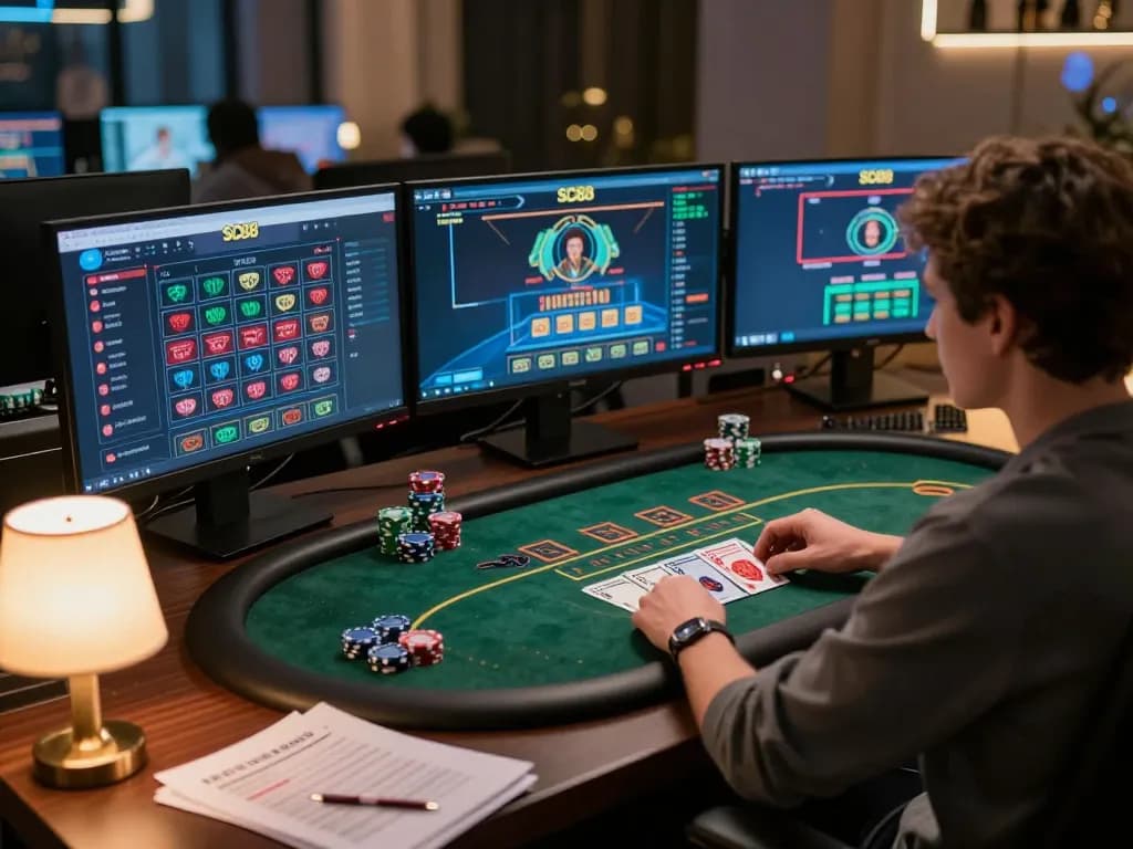 Player engaging with SC88 casino app on multiple screens, analyzing gameplay strategies in a modern home office.