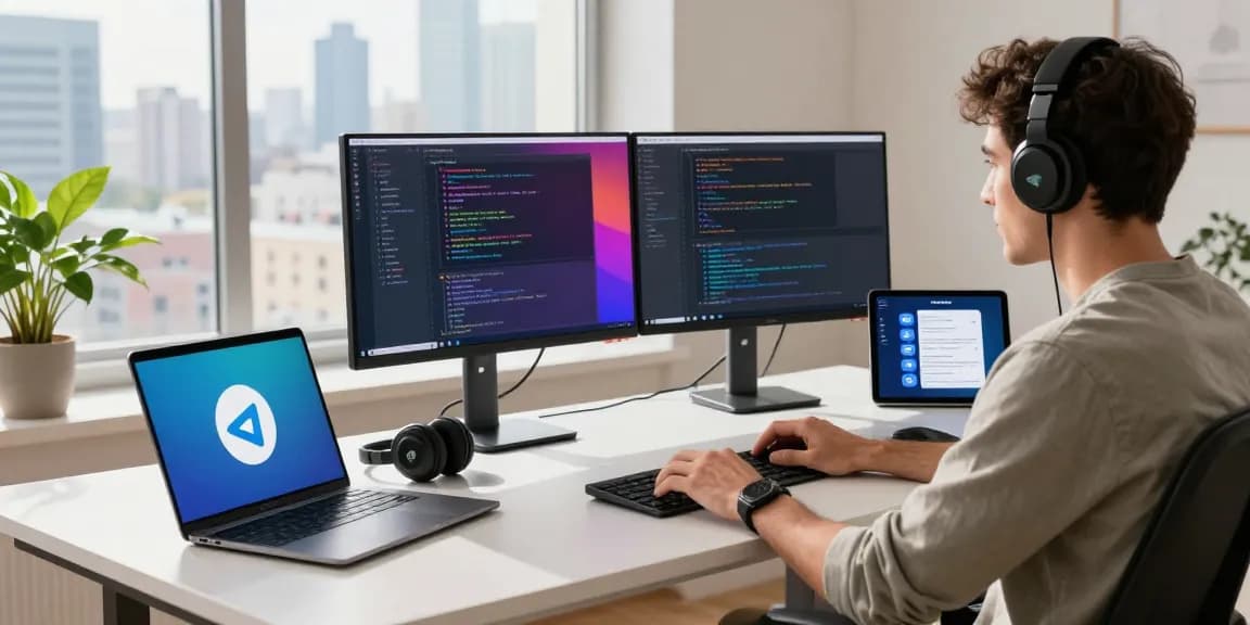 Developer coding on Telegram中文版 in a modern workspace