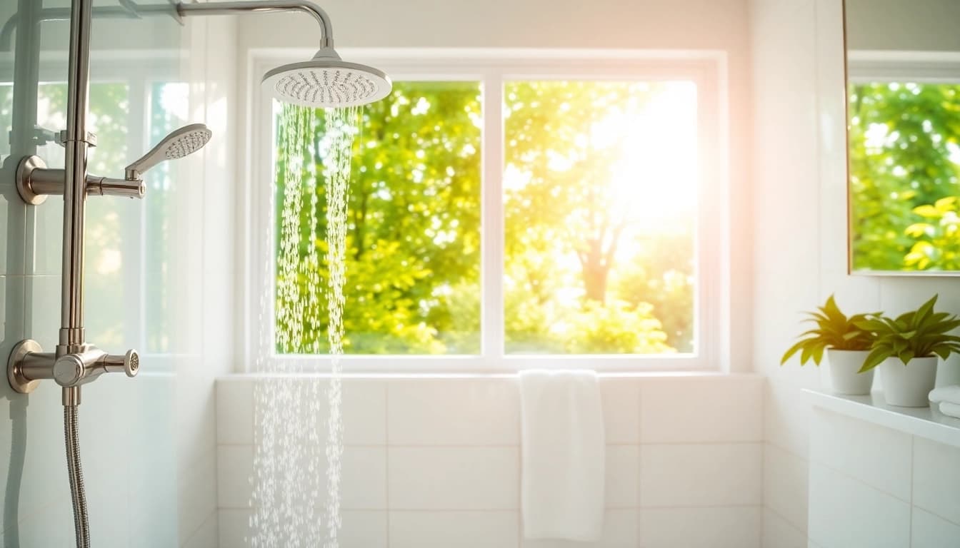 A sunny shower usa inc setup in a beautifully illuminated bathroom with elegant fixtures.