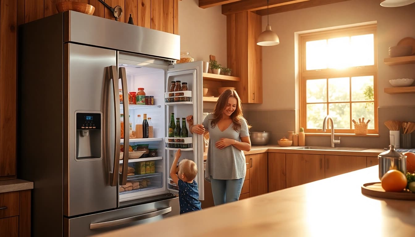 Freezer being organized by a family in a bright, modern kitchen setting.