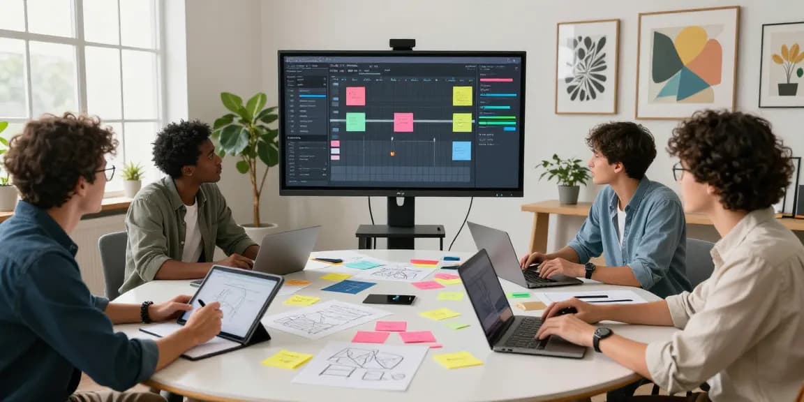 Team brainstorming on a creative mixboard in a modern office, highlighting collaboration and innovation.