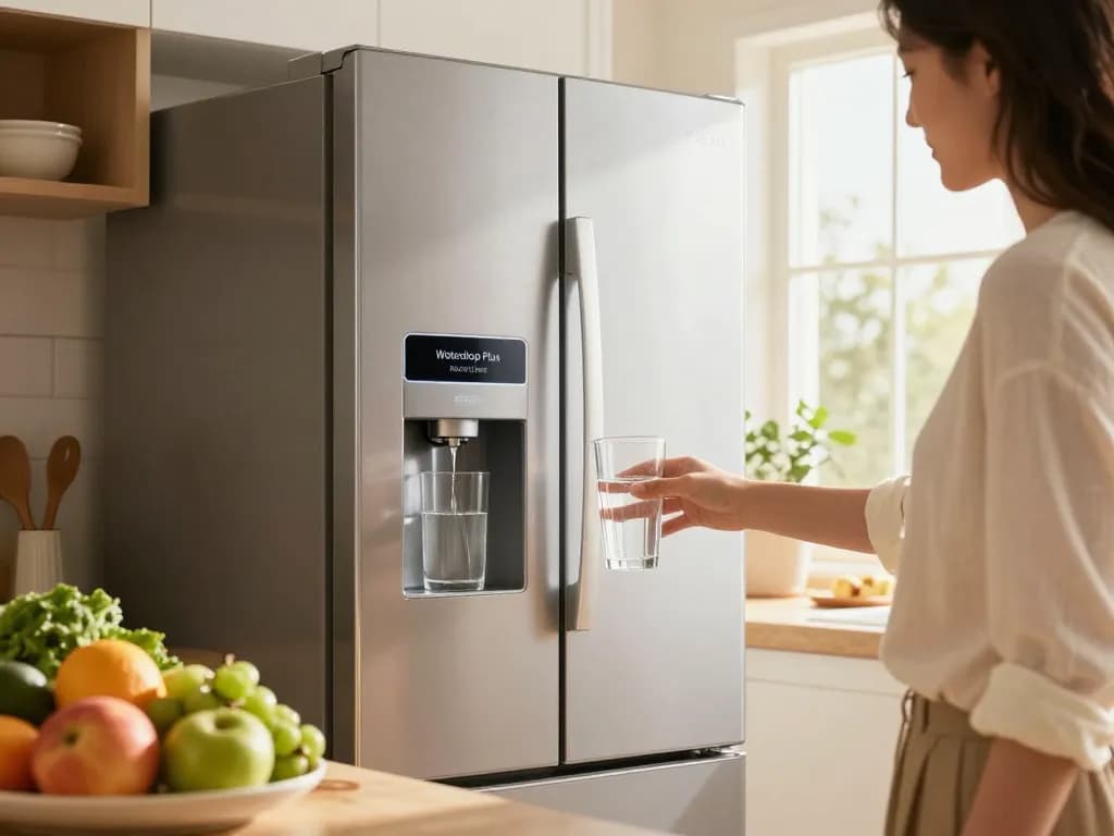 Waterdrop Plus RPWF Refrigerator Water Filter used in a modern kitchen for pure drinking water