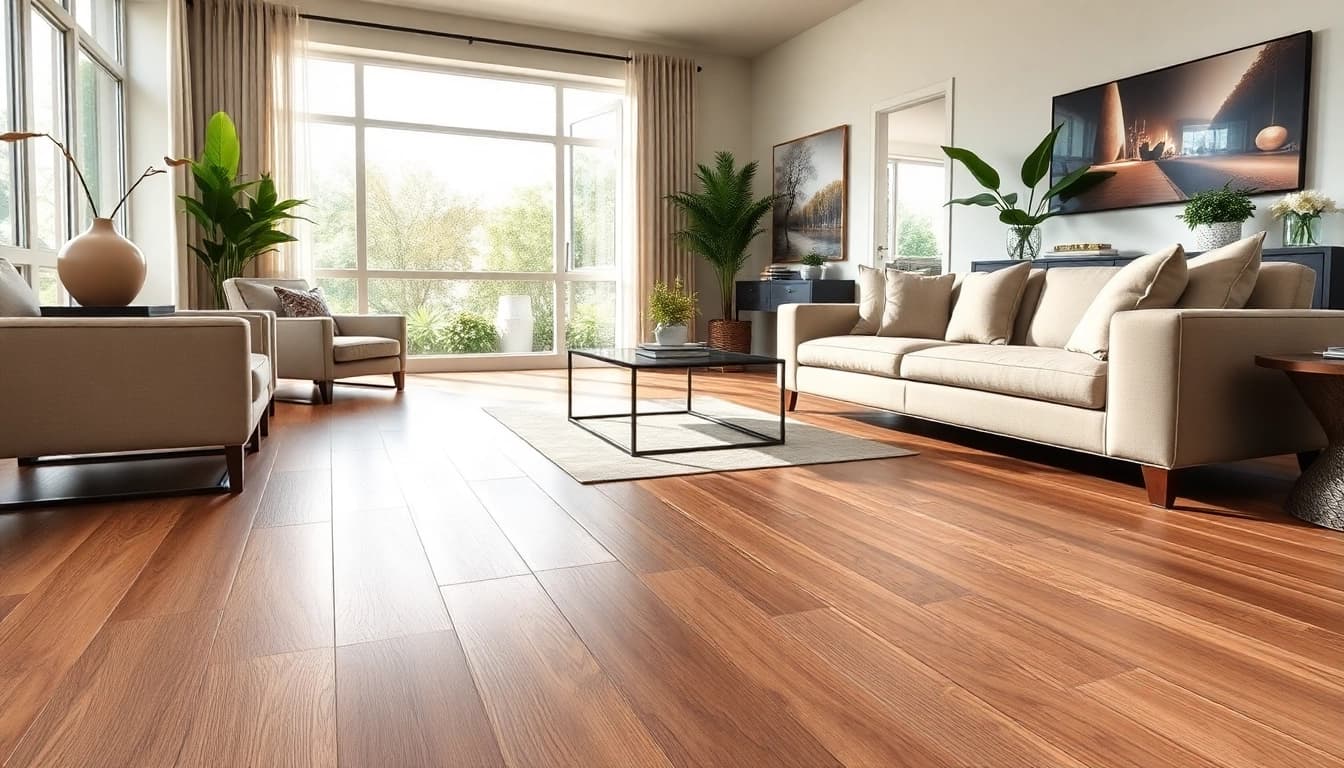 Showcasing luxury vinyl flooring seamlessly integrated into a modern living room design with elegant decor.