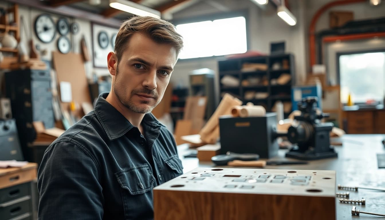 Industriemodellbau im Fokus, Detailaufnahme eines industriellen Modells in einem kreativen Arbeitsumfeld.