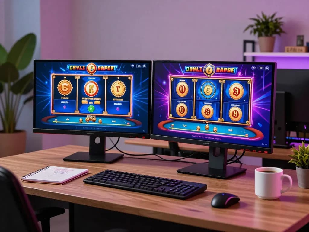 Kubet players engaging with online slot games on dual monitors, enhancing their gaming experience