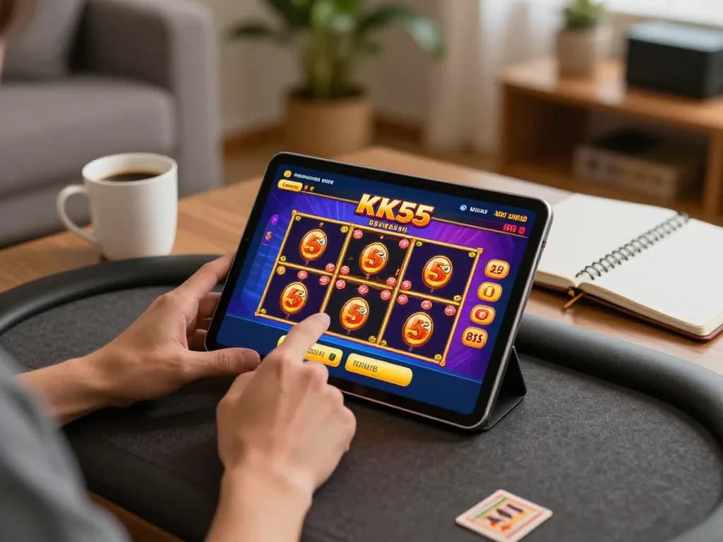 Player engaging with KK55 casino app on tablet, illustrating vibrant online gaming at home.