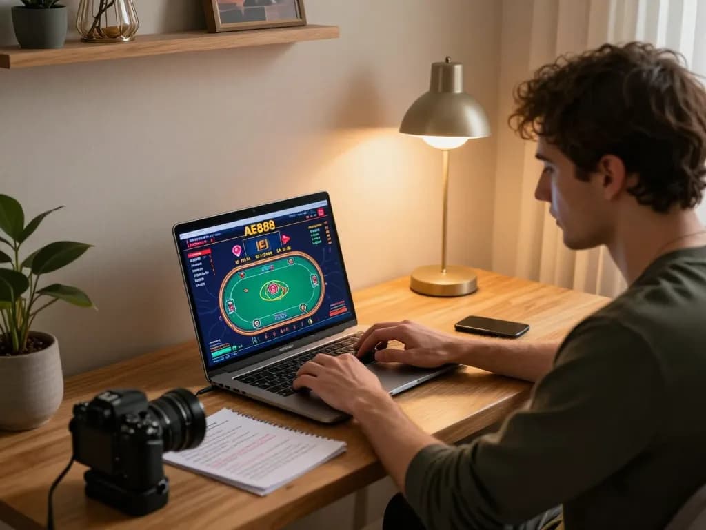 Player enjoying AE888 online casino experience from a cozy home setup, demonstrating responsible gaming.