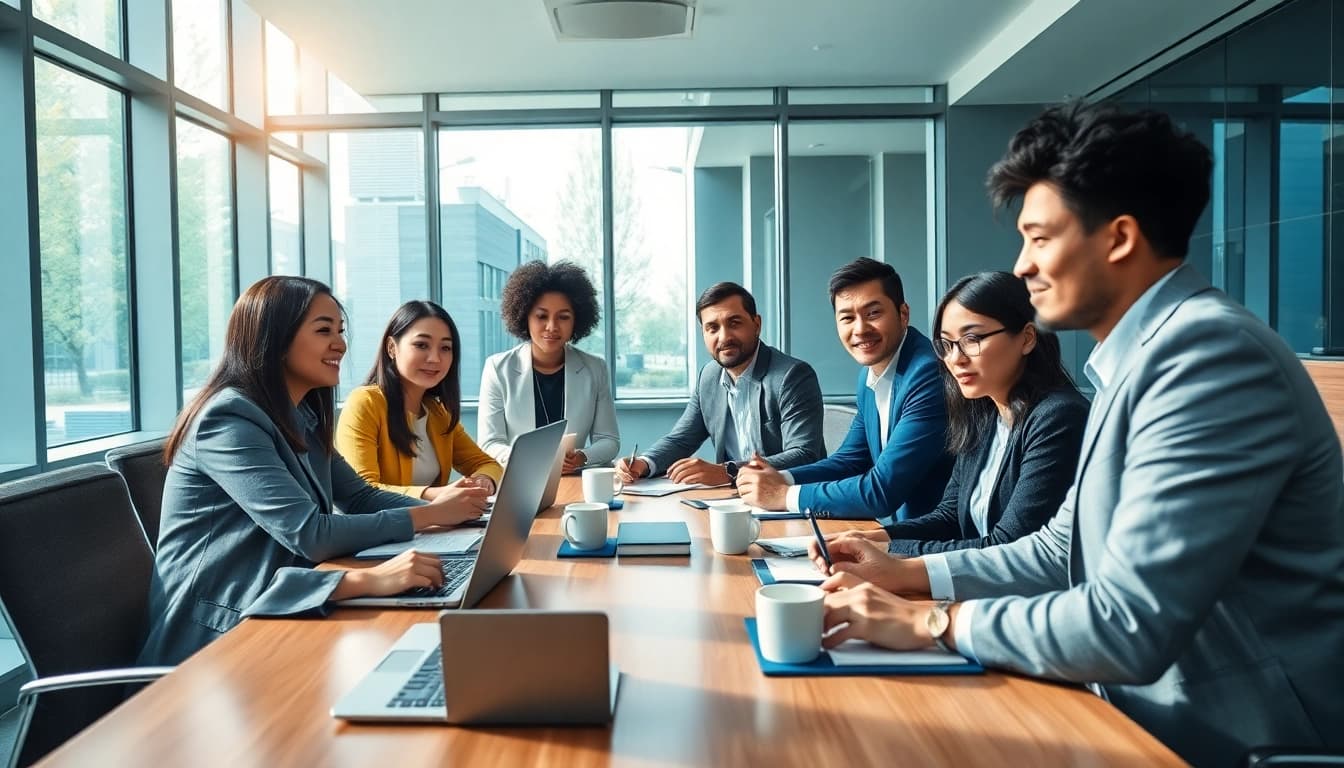 Dynamic business meeting scene illustrating 출장 with diverse professionals collaborating.
