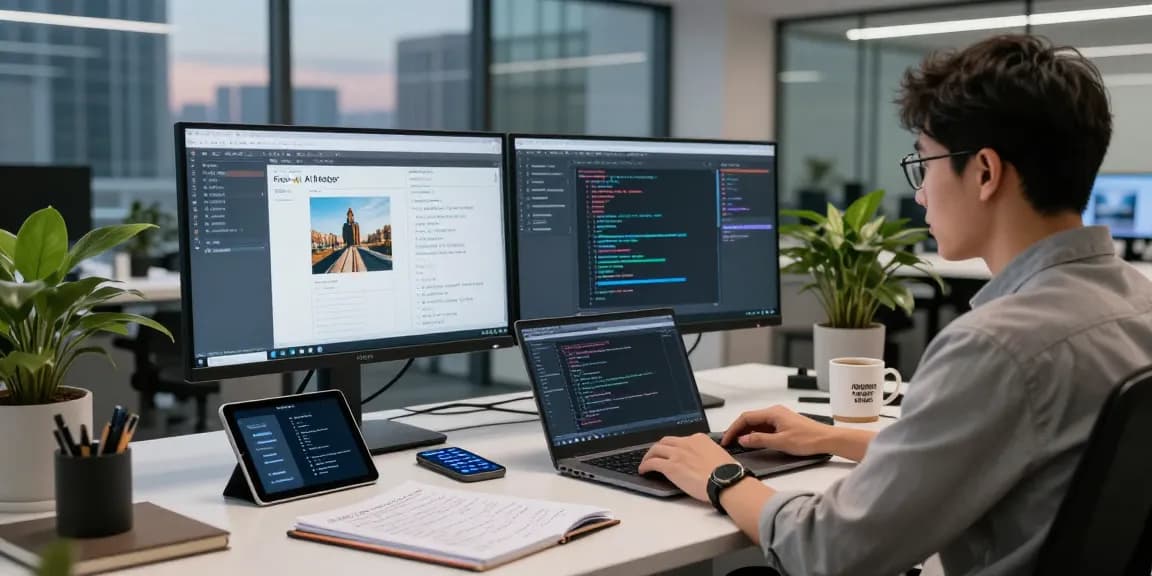 Utilizing the free AI image detector in a modern workspace, showing an analyst at work.