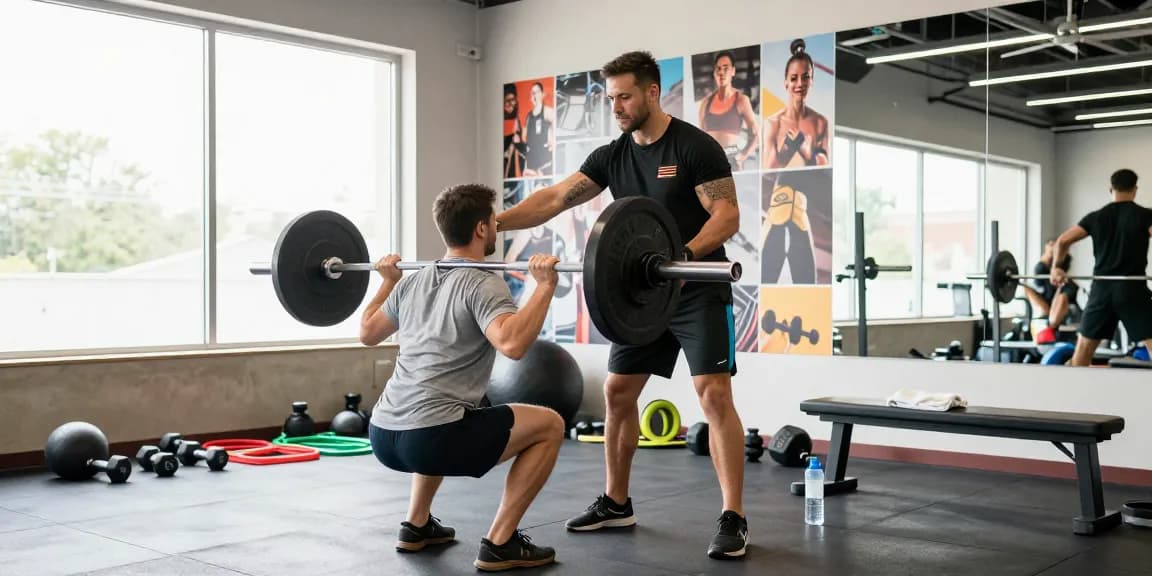 Engaged fitness coach demonstrating exercises at Unique Pharma Steroid Shop gym
