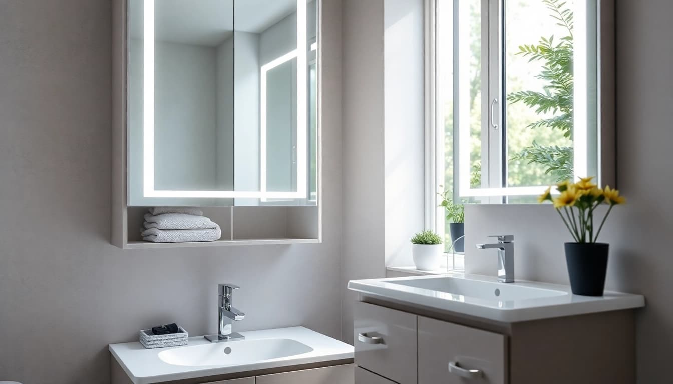 Stylish spiegelschrank mit led Beleuchtung in einem modernen Badezimmer-Design.