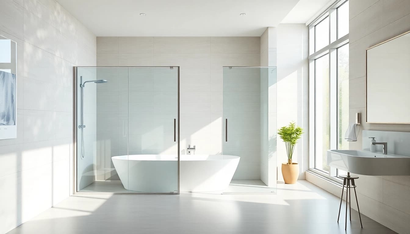 View modern shower sliding doors enhancing this stylish bathroom's elegance and functionality.