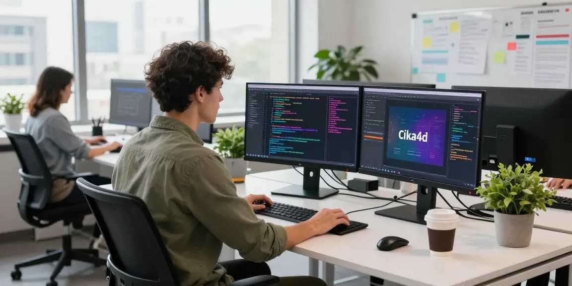 Innovative software developer engaged in cika4d project coding at modern desk with dual monitors, coffee, and collaborative workspace.