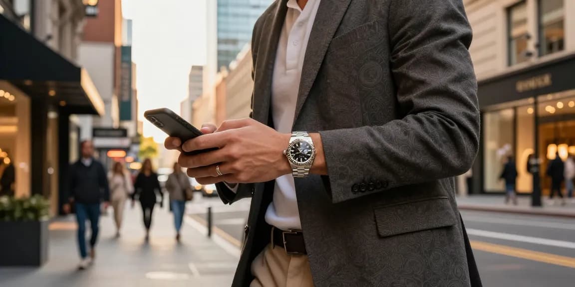 Stylish individual showcasing a rolex replica watch in an urban setting.