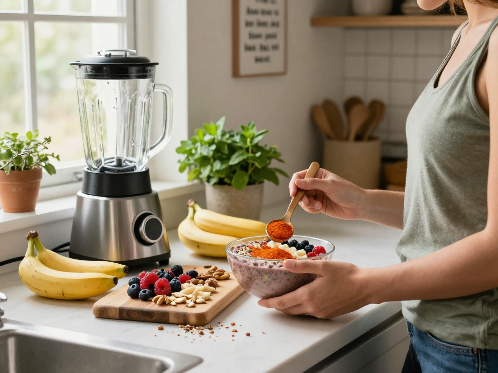 Preparing a smoothie bowl with natural astaxanthin in a bright, healthy kitchen