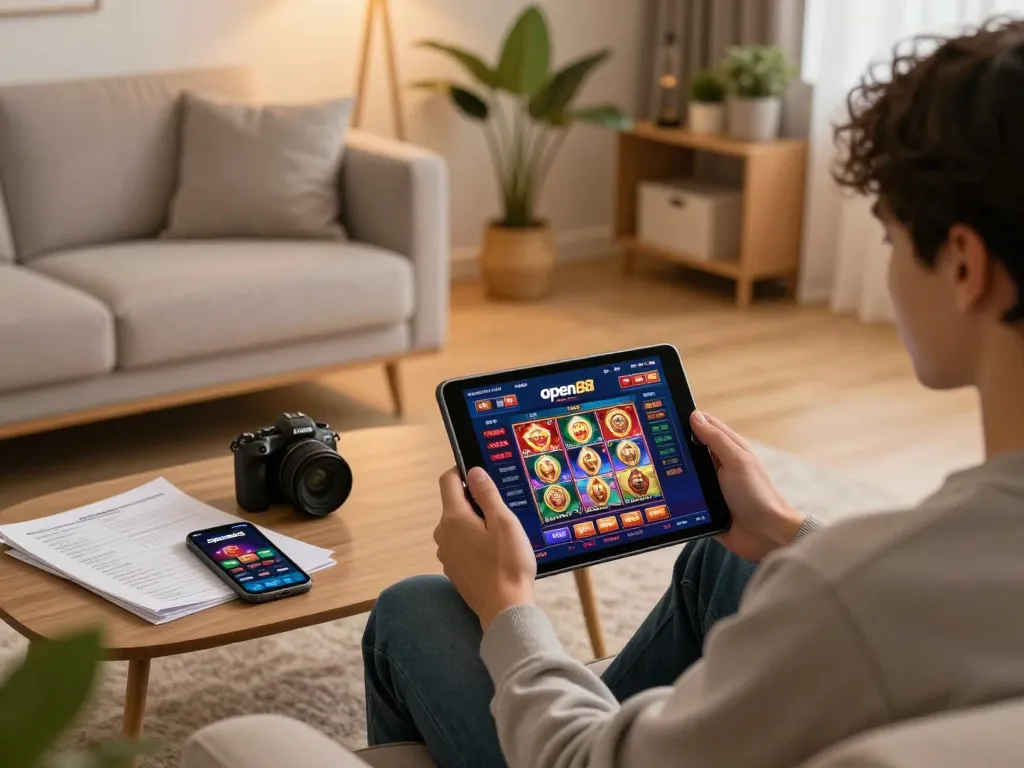 Engaging with open88 online casino on a tablet shows vibrant games and strategies in a cozy home setting.