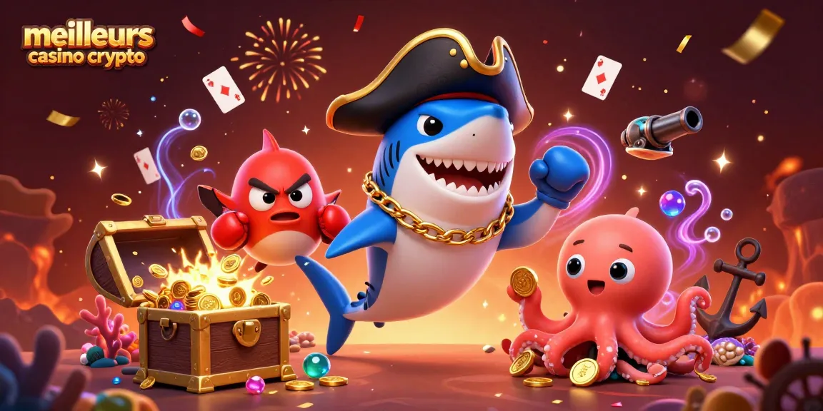 Visualisez les meilleurs casinos crypto avec des personnages en 3D jouant avec des pièces en or et des cartes.