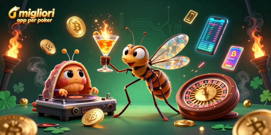 Migliori app per poker: un'immagine illustrativa che mostra un moscerino in ambra come mascotte di casinò mentre sorseggia un cocktail d'oro.