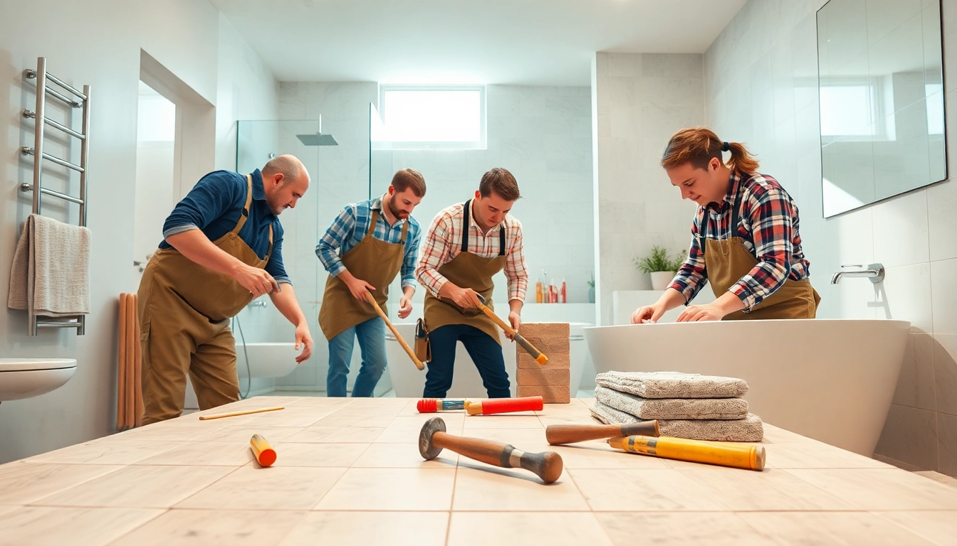 Bathroom builders collaborating on a stylish bathroom renovation project.