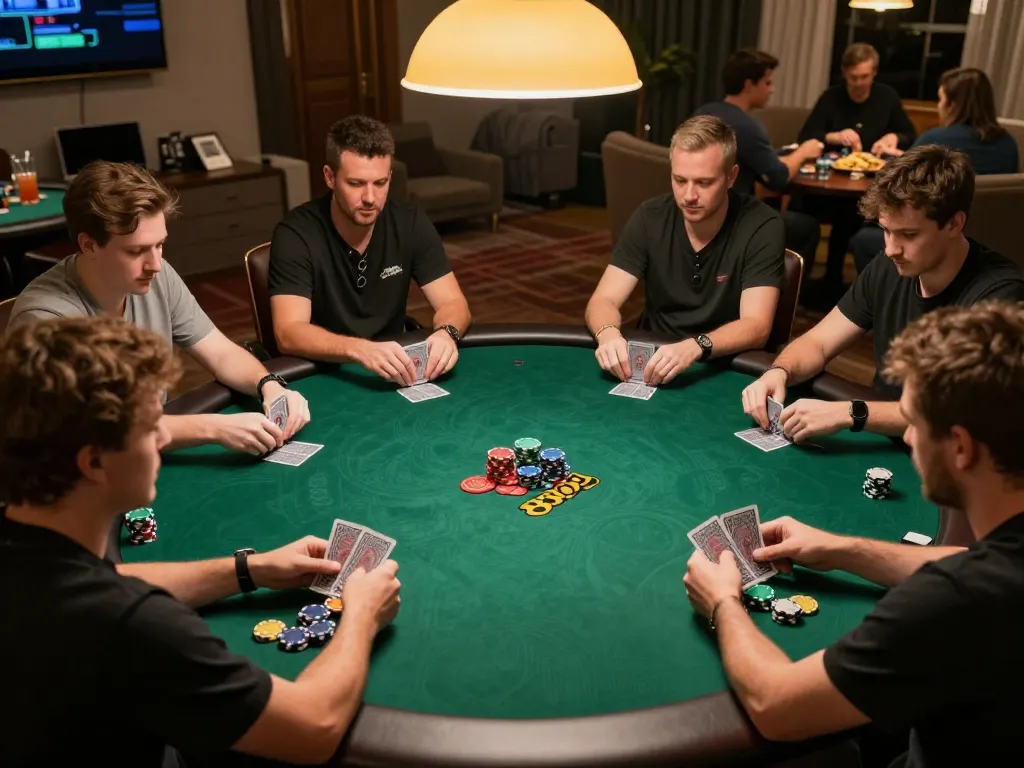 Players engaged in a thrilling poker game at 888top, showcasing strategy and camaraderie amidst a competitive home setting.