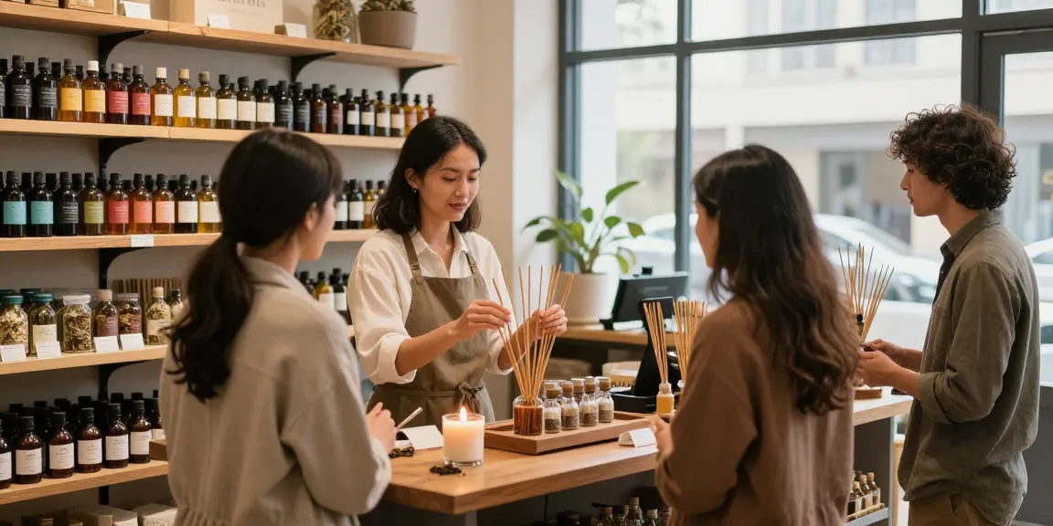 Buy aromatic liquid incense in a cozy herbal shop with knowledgeable staff assisting customers.