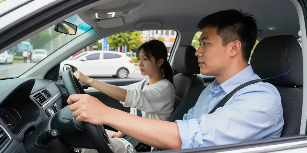 Driving lesson at автошкола кишинев with instructor and student in modern Skoda Fabia.