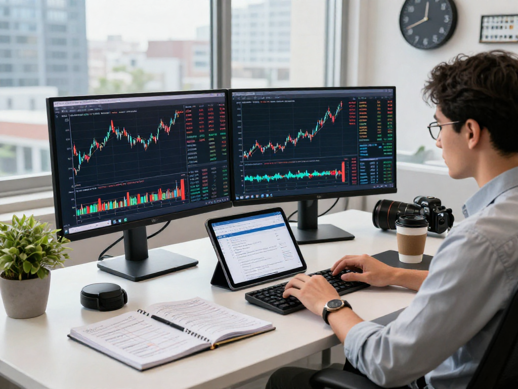 Developer analyzing Nasdaq stock data feed in a modern workspace with multiple monitors and trading strategies.